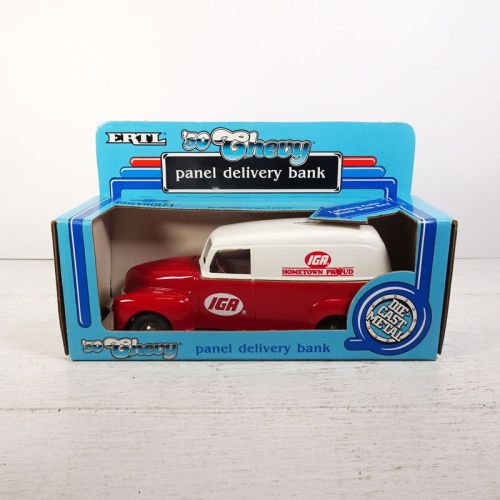 1988 Ertl IGA 1/25 scale diecast metal 1950 Chevy delivery truck bank with key in box: In Box View