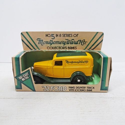 Ertl Montgomery Ward diecast metal 1932 Ford delivery truck coin bank with key in box: In Box View