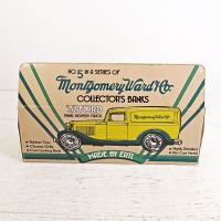 Ertl Montgomery Ward diecast metal 1932 Ford delivery truck coin bank with key in box: Box Back View - Click to enlarge
